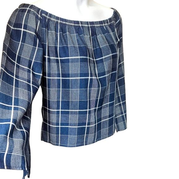 CLOTH & STONE Women's oversized long bell sleeve  blue & white off shoulder top. - Picture 5 of 16